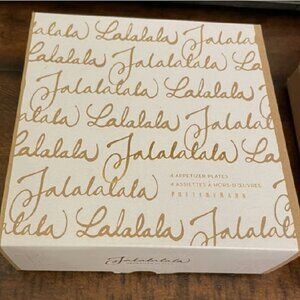 NEW S4 Pottery Barn Fa La La Appetizer Plates Gold Holiday Stoneware Snack Plate